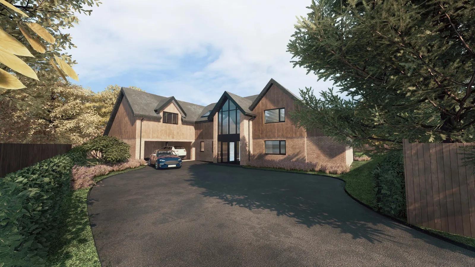 Architect's visual of the house from the drive: brick below, vertical timber cladding above and a full-height glazed gable over the entrance