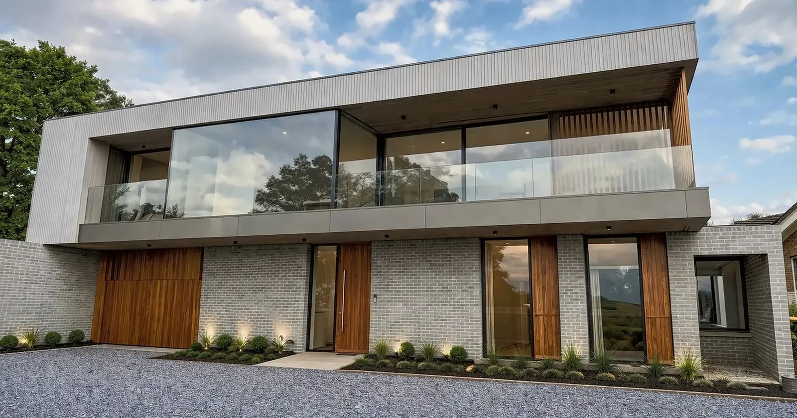Two-storey coastal house with wide first-floor glazing, a cantilevered roof and timber-faced entrance