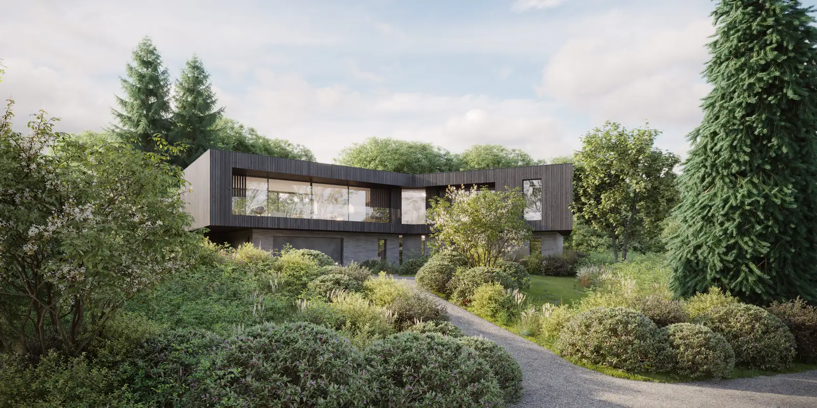 Architect's visual of the house above planted slopes and a gravel drive