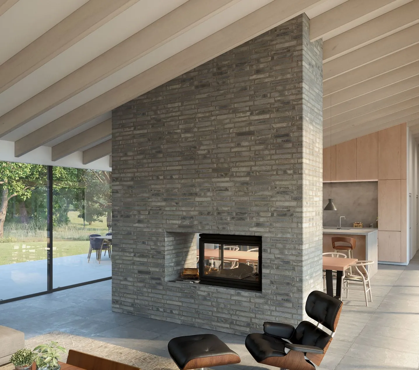 Architect's design visual of the living space: a slim-brick fireplace under exposed timber rafters